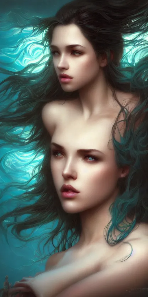 Image similar to haunting beautiful young woman, detailed photo realistic gorgeous face turning waves, dark, ominous, sad eyes, glowing hue of teal, vaporwave aesthetic, synthwave , digital painting, artstation, concept art, smooth, sharp focus, illustration, art by artgerm and greg rutkowski and alphonse mucha