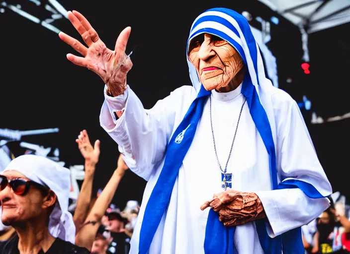 Image similar to photo still of mother teresa on stage at vans warped tour!!!!!!!! at age 5 8 years old 5 8 years of age!!!!!!! throwing roseries to the crowd, 8 k, 8 5 mm f 1. 8, studio lighting, rim light, right side key light