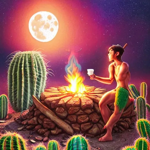 Prompt: richly detailed colored pencil 3 d illustration of spartan drinking tea at campfire with trichocereus background and smoke haze full moon ayahuasca peyote art by rossdraws range murata and artgerm fantasy