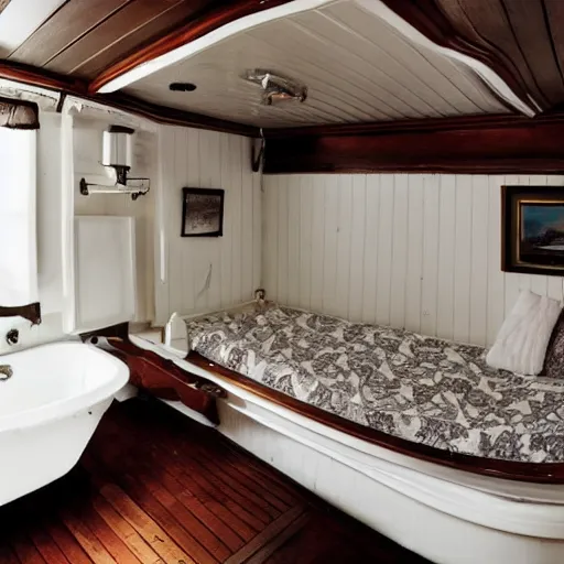 Image similar to a miniature tiny alaskan cruise ship, floating in a white old - fashioned bathtub,