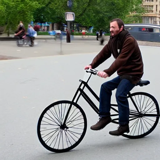 Image similar to Man riding a comically tiny bicycle