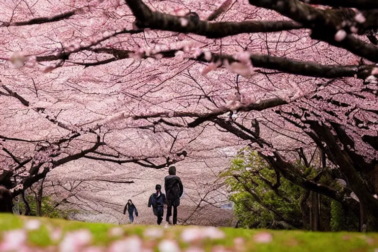 Image similar to vfx movie scene closeup japanese couple running through cherry blossom forest, natural lighting by emmanuel lubezki