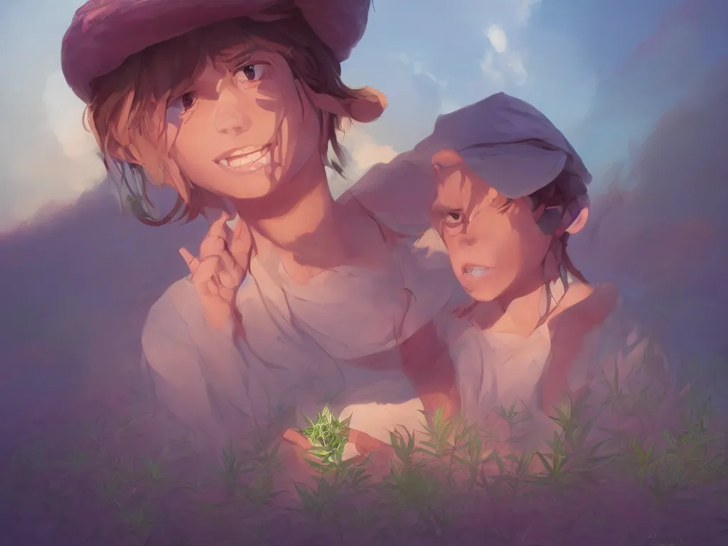 Image similar to beauty hemp kid in hemp hat madeof hemp, behance hd by jesper ejsing, by rhads, makoto shinkai and lois van baarle, ilya kuvshinov, rossdraws global illumination, golden ratio, symmetrical beauty face