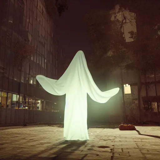 Image similar to digital portrait of ghost under a sheet, floating over a city sidewalk, city night lights, spooky Halloween fun, trending on artstation, 8k, 4k, volumetric lighting, unity