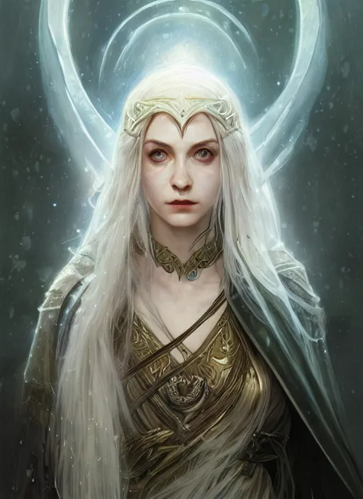 Prompt: Portrait of a beautiful female elven warrior, white glowing eyes, lord of the rings, cloak, female, fantasy, extremely detailed, digital painting, artstation, concept art, smooth, sharp focus, illustration, stunning lighting, art by artgerm and greg rutkowski and alphonse mucha and simon stalenhag, realistic character concept, high fantasy, light atmosphere, golden ratio, cinematic lighting, hyperdetailed, high resolution, insanely detailed and intricate, artstation, Marc Simonetti, Greg Rutkowski, 8k