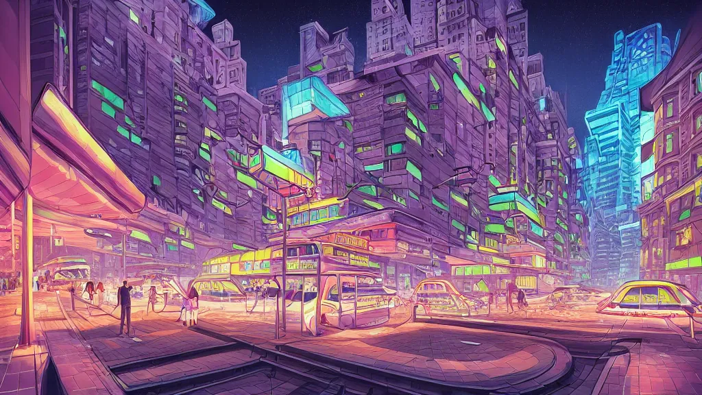 Image similar to plaza in the city at night by cyril rolando and naomi okubo and dan mumford and zaha hadid. flying cars. advertisements. neon. tram.