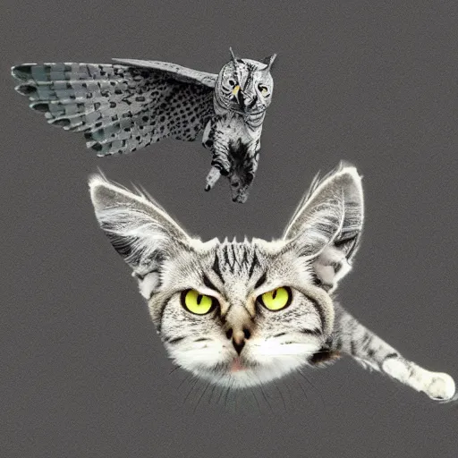 Prompt: cat and owl hybrid spreading wings