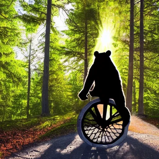 Image similar to A bear on a tricycle, riding on a nature trail in the forest, sunlight through the trees.