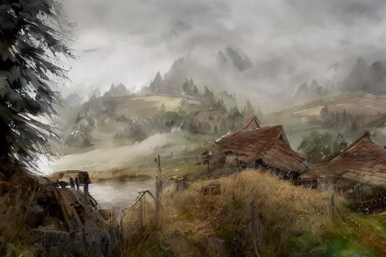 Image similar to paint brush strokes, abstract watercolor painting of rustic village fortress, pine trees, mysterious mythology, medieval straw roof, scandinavian viking age, fog, ambient lighting, art by hans dahl, by jesper ejsing, art by anders zorn, wonderful masterpiece by greg rutkowski, cinematic light, american romanticism by greg manchess, creation by tyler edlin