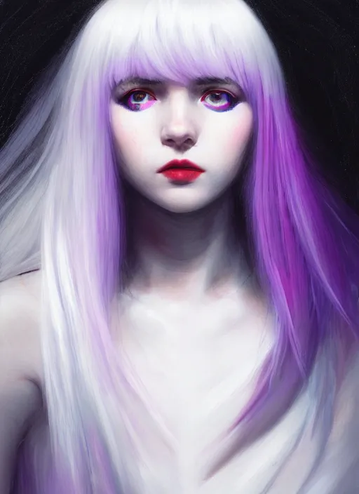 Image similar to portrait of teenage girl with white bangs, red irises, bangs, black and white hair, purple clothes, white bangs, two color hair, black hair and white bangs, intricate, elegant, glowing lights, highly detailed, digital painting, artstation, concept art, smooth, sharp focus, illustration, art by wlop, mars ravelo and greg rutkowski