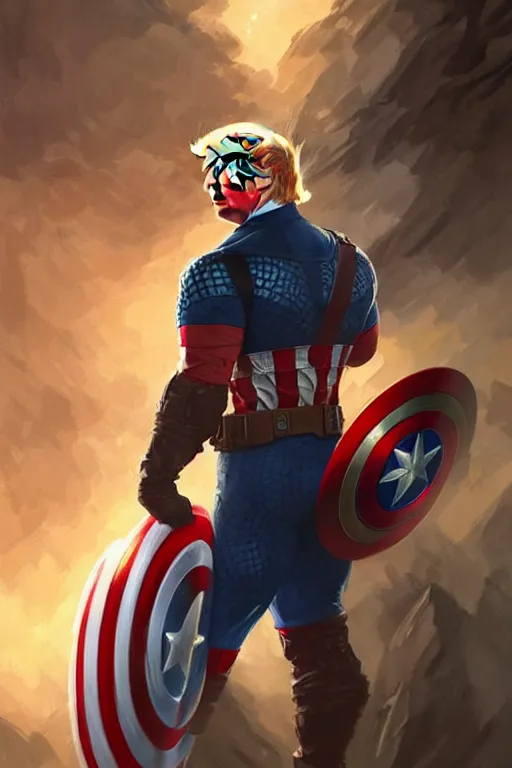 Image similar to Donald Trump as Captain America full body portrait, D&D, fantasy, intricate, elegant, highly detailed, digital painting, artstation, concept art, matte, sharp focus, illustration, art by Artgerm and Greg Rutkowski and Alphonse Mucha