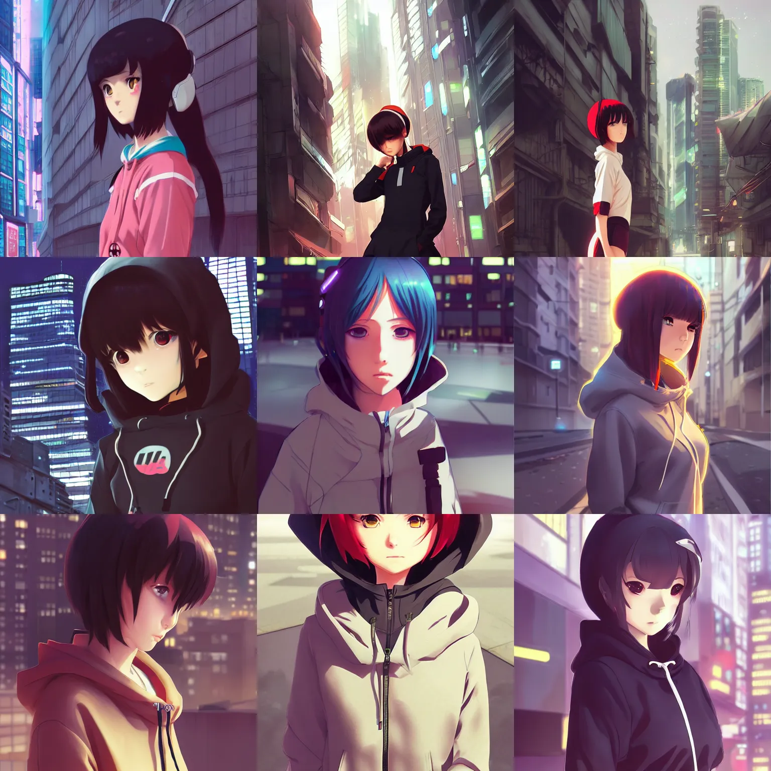 Prompt: profile of anime girl, ilya kuvshinov, wearing hoodie in a cyberpunk city, digital anime art, wlop, ilya kuvshinov, artgerm, krenz cushart, greg rutkowski, studio ghibli