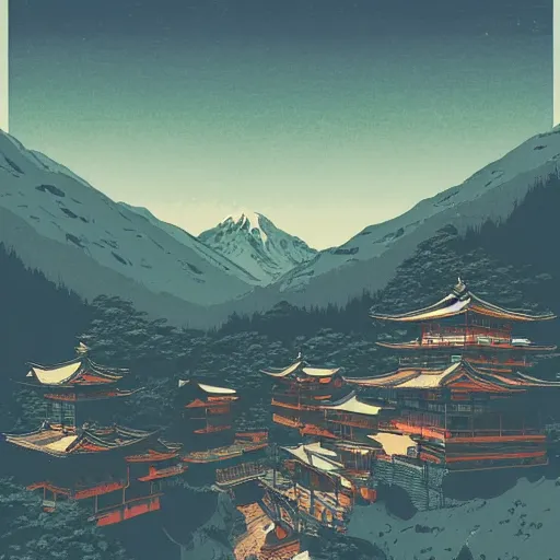 Prompt: a powerful japanese village high in mountains, concept art by laurie greasley and greg rutkowski, fantastic landscape, 8 k, vivid colors,