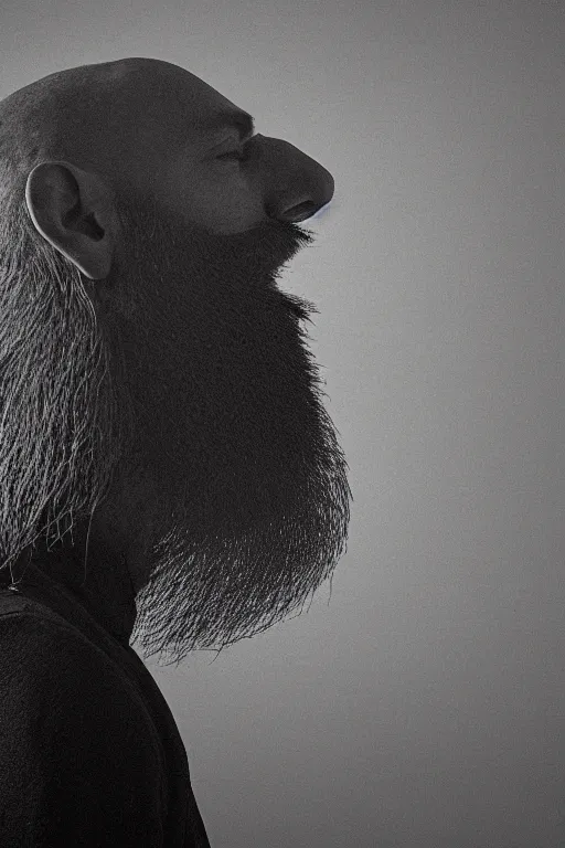 Image similar to a man's face in profile, long beard, made of exotic plumage, in the style of the Dutch masters and Gregory crewdson, dark and moody