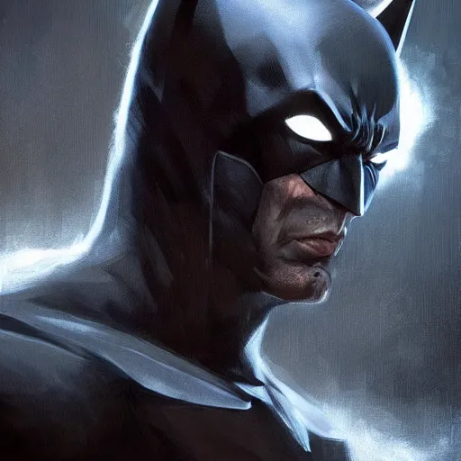 Image similar to a hyper realistic portrait painting of the batman, glowing eyes, creepy, backlight, horror vibe, real, realistic lighting in the style of greg rutkowski, trending on artstation,