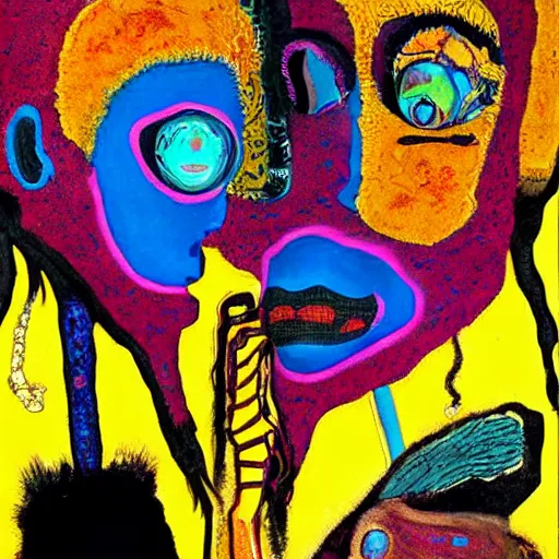 Image similar to beautiful painting of two bizarre psychedelic women kissing each other closeup on an alien planet, speculative evolution, mixed media collage by basquiat and junji ito, magazine collage art, psychedelic illustration, sapphic art, lesbian art