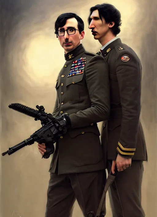 Prompt: painting of both john oliver and adam driver together, john oliver in front, full body, military uniform, fantasy, elegant, beautiful, highly detailed, centered, dark, smokey, digital painting, concept art, smooth, sharp focus, illustration, deviant art, art by artgerm, art by greg rutkowski, art by alphonse mucha