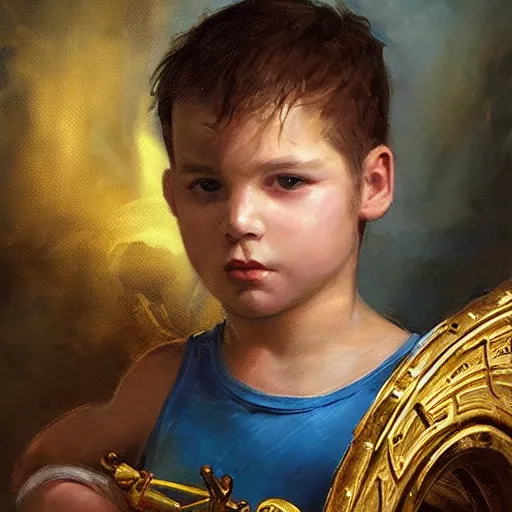 Prompt: stunning portrait of 3yo greek argonaut Orpheus wearing a golden lyre, painting by Raymond Swanland, cyberpunk, sci-fi cybernetic implants hq