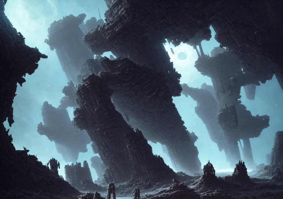 Prompt: astronaut exploring a strange surface of another planet, there are ruins of ancient civilization, ultra high definition, ultra detailed, symmetry, sci - fi, dark fantasy, in style of heavy metal comic, dark and horror style, metal by greg rutkowski and ross tran