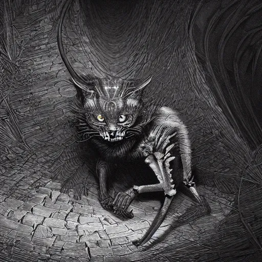 Prompt: demonic cat skeleton in the style of michael whelan and gustave dore. hyperdetailed photorealism by greg rutkowski, 1 0 8 megapixels, cinematic lighting