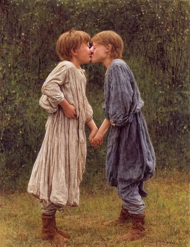 Prompt: peasant boy and girl first kiss, secretly on a village, Cinematic focus, Polaroid photo, vintage, neutral colors, soft lights, foggy, by Steve Hanks, by Serov Valentin, by lisa yuskavage, by Andrei Tarkovsky 8k render, detailed, oil on canvas