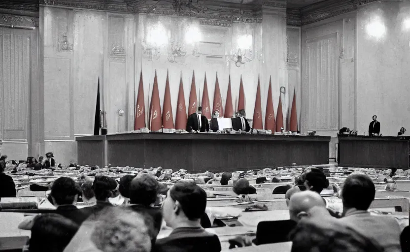 Image similar to 60s movie still of a CCCP congress with soviet flags and a bronze statue of Karl Marx stanilist style palace interior, by Irving Penn , cinestill 800t 35mm black and white, heavy grainy picture, very detailed, high quality, 4k, HD criterion, precise texture