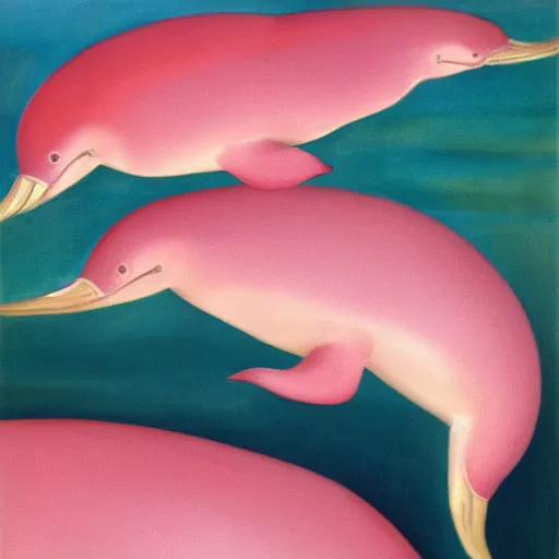 Image similar to a highly detailed oil painting of 2 pink dolphins in a cheese world, 4 k, trending on art station, in the style of dali, boch, matisse caravaggio, comical