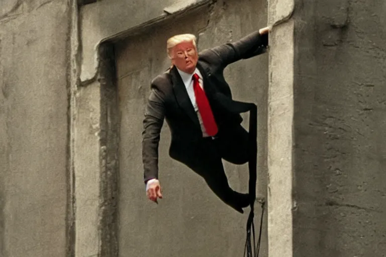 Image similar to movie still of spy donald trump as tom cruise in mission impossible hanging from a cable