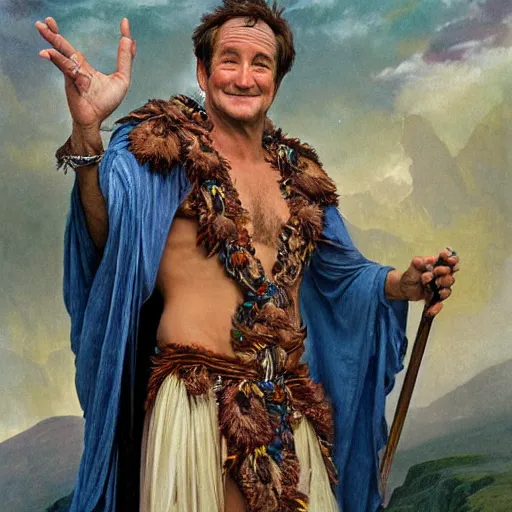 Image similar to an ultradetailed portrait of robin williams dressed as an djinn druid, standing heroically on top of a cliff, d & d, fantasy, intricate, elegant, highly detailed, digital painting, matte, sharp focus, illustration, god rays, art by john collier and albert aublet and krenz cushart and artem demura and alphonse mucha