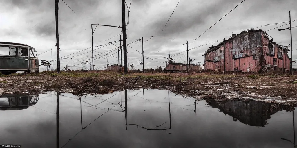 Prompt: an old abandoned factory with a vw campervan rotting, rust, the roof is leaking water and there is a puddle on the floor with reflections