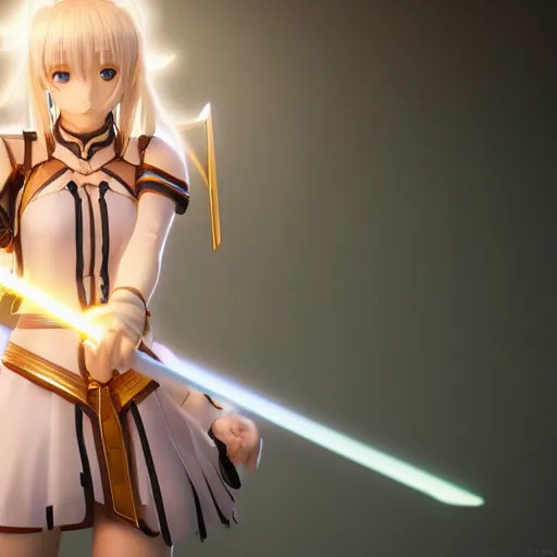 Prompt: Fate Saber Lily render as a very beautiful 3d anime girl, hot petite, long braided blond hair, hazel eyes, full round face, short smile, cinematic lightning, medium shot, mid-shot, highly detailed, trending on Artstation, Unreal Engine 4k, cinematic wallpaper