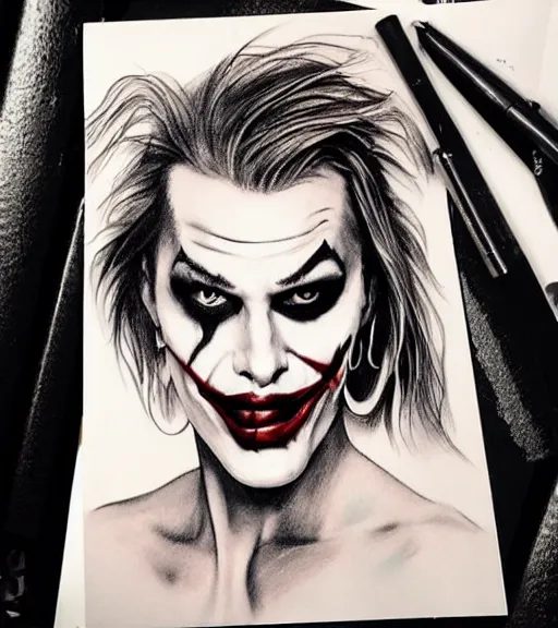 Image similar to tattoo design sketch of beautiful margot robbie with the joker makeup and holding an ace card, in the style of den yakovlev, realistic face, black and white, realism tattoo, hyper realistic, highly detailed