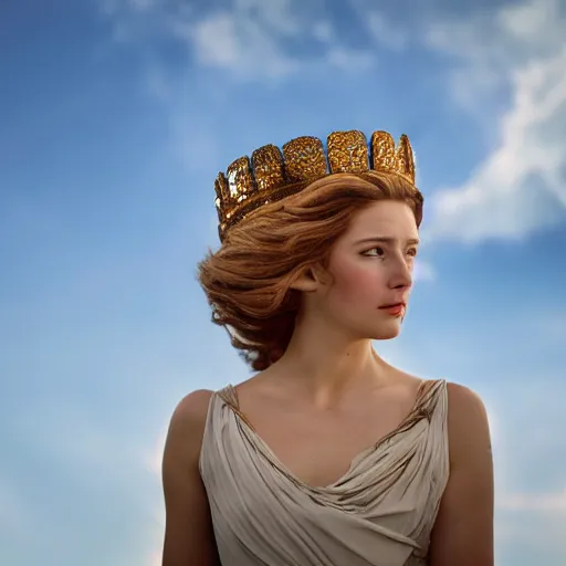 Prompt: wide angle length photgraph of a Helen of Troy, wearing a diadem, her hair blowing in the wind, dramatic lighting, by Annie Leibovitz Carl Zeiss 135mm nikon