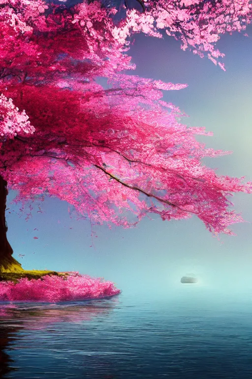 Image similar to a single alone sakura tree growing upon an island in a lake, cherry blossoms, illustration, light beams, simple, minimalist, digital art, oil painting, fantasy, 8 k, trending on artstation, detailed