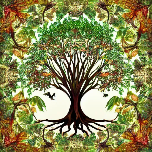 Prompt: tree of life showing various animal and plant species as leaves, digital art, highly detailed