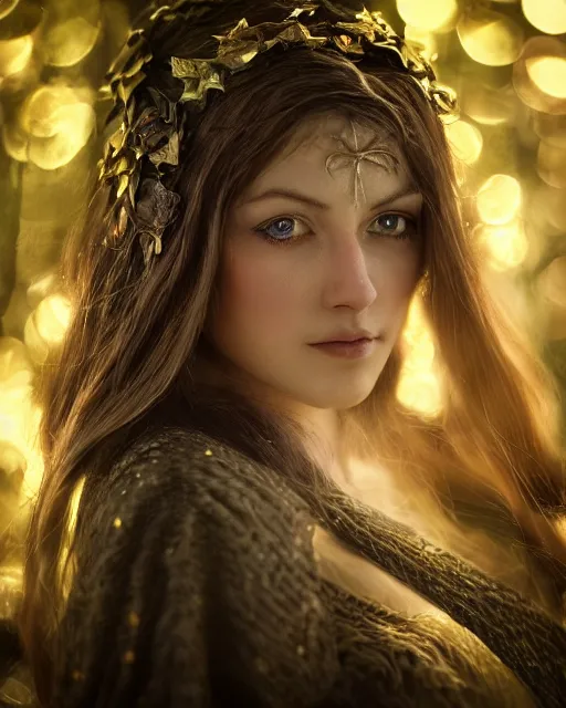 Image similar to A beautiful, fully clothed elven maiden; soft lighting; portrait by Craig Mullins; bokeh, 90mm, f/1.4