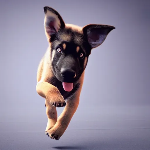 Prompt: my gsd puppy gets the zoomies, high energy, frenetic craziness, running, jumping, chasing, 3 d octane render, imax 7 0 mm, rtx,