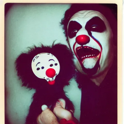 Prompt: Old polaroid photo of a Clown Vampire with cute puppy