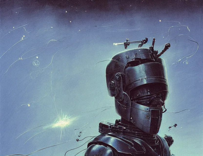 Image similar to a detailed portrait painting of a lone bounty hunter in combat armour and visor. cinematic sci-fi poster. Flight suit and wires, accurate anatomy. Samurai influence, knight influence. fencing armour. portrait symmetrical and science fiction theme with lightning, aurora lighting. clouds and stars. Futurism by moebius beksinski carl spitzweg moebius and tuomas korpi. baroque elements. baroque element. intricate artwork by caravaggio. Oil painting. Trending on artstation. 8k