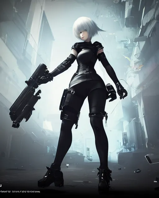 Image similar to yorha no. 2 type b as a overwatch character, medium shot, asymmetrical, profile picture, hyper realism, cinematic, volumetric lighting, epic composition, high detail, octane render, unreal engine, 8 k, concept art, 3 d render, digital art, deviantart artstation, ray tracing, apocalyptic, intricate complexity, extremely detailed, very sharp,