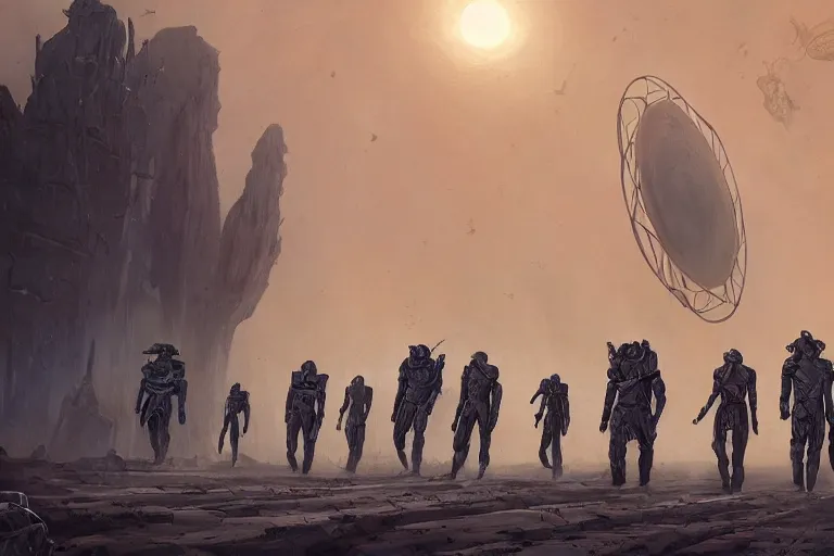 Image similar to ancient alien portral, a crowd of androids walking in a straight line along a path towards a portal, pilgrimage, in mad max style, stargate, coriolios rpg art style, full of details, dark sci - fi, cold blue colors, matte painting, artstation, 8 k, hyperrealistic, style of peter mohrbacher