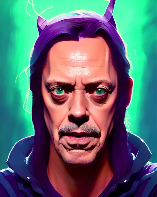 Image similar to portrait, steve buscemi as loki, bright backlit, key lighting, smooth, gaudy colors, maya render, octane render aesthetic, lol matte painting concept art, official fanart behance hd artstation by jesper ejsing, by rhads and makoto shinkai and lois van baarle and ilya kuvshinov and rossdraws