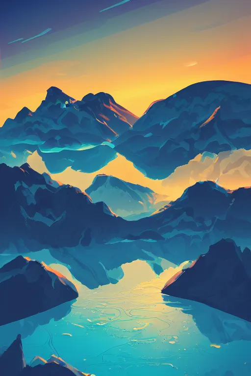 Image similar to sunrise mountain water vector illustration digital art by james gilleard trending on artstation