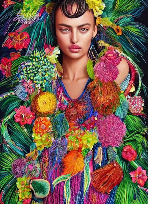 Prompt: beautiful portrait of Irina Shayk wearing fantastic Hand-dyed cotton dress,embellished beaded feather decorative fringe knots ,colorful pigtail,subtropical flowers and plants,dramatic,symmetrical face,intricate,elegant,highly detailed,8k,post-processing,digital painting,trending on pinterest, GUCCI,PRADA,concept art, sharp focus, illustration, by artgerm,Tom Bagshaw,Lawrence Alma-Tadema,greg rutkowski,alphonse Mucha