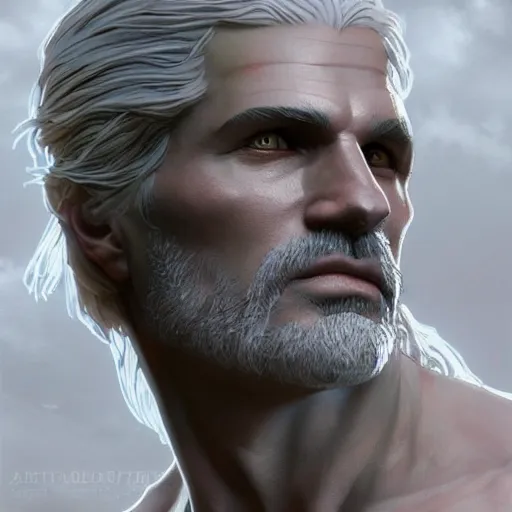 Prompt: beautiful lifelike award winning marble statue of geralt of rivia witcher unreal engine octane render, studio lighting trending on art station artgerm greg rutkowski alphonse mucha cinematic atmospheric