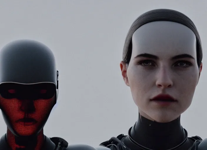 Image similar to cinestill 5 0 d photographic portrait of loving female androids wearing rugged black mesh techwear in a desolate american city, extreme closeup, modern cyberpunk, dust storm, 8 k, hd, high resolution, 3 5 mm, f / 3 2, ultra realistic faces, ex machina