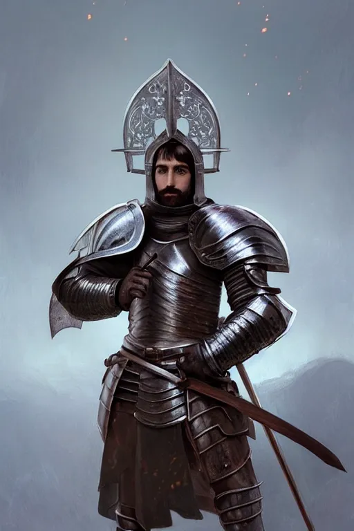 Image similar to portrait of a stern male knight, looking at camera, D&D, heavy attire, very short dark hair, intricate, elegant, stylish, cute smile, fantasy, extremely detailed, digital painting, artstation, concept art, smooth, sharp focus, illustration, ambient lighting, art by artgerm and greg rutkowski and alphonse mucha and simon stalenhag