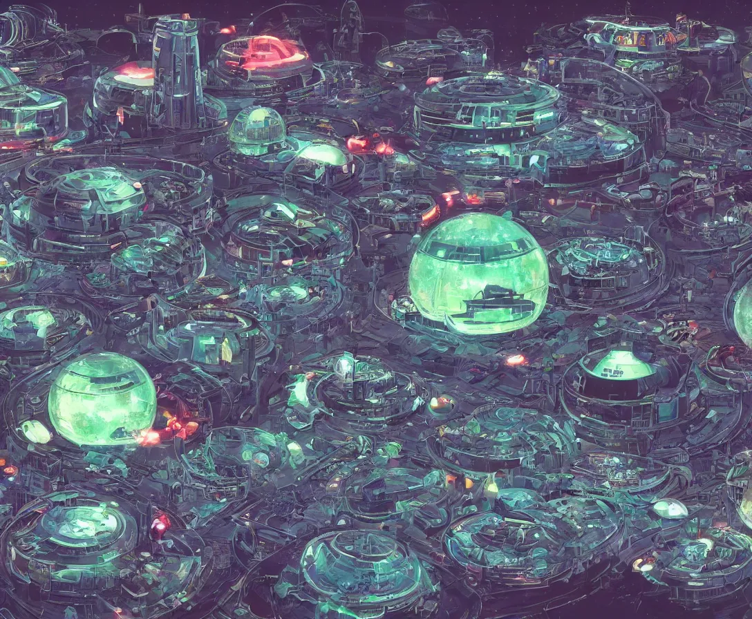 Image similar to a futuristic space colony with large round bubbled archaeologies, sci-fi, high-tech, star wars, star trek, firefly, neon lights