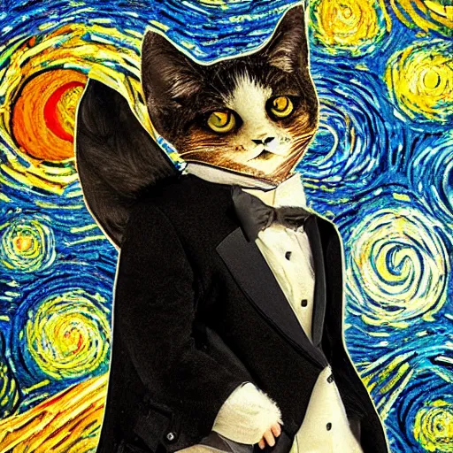 Image similar to in the style of starry night, d & d style full body portrait, tabaxi male in a tuxedo, in the style of starry night.