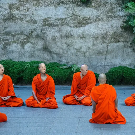 Image similar to humanoid dinosaurs wearing orange monk robes sitting in a circle in meditation pose